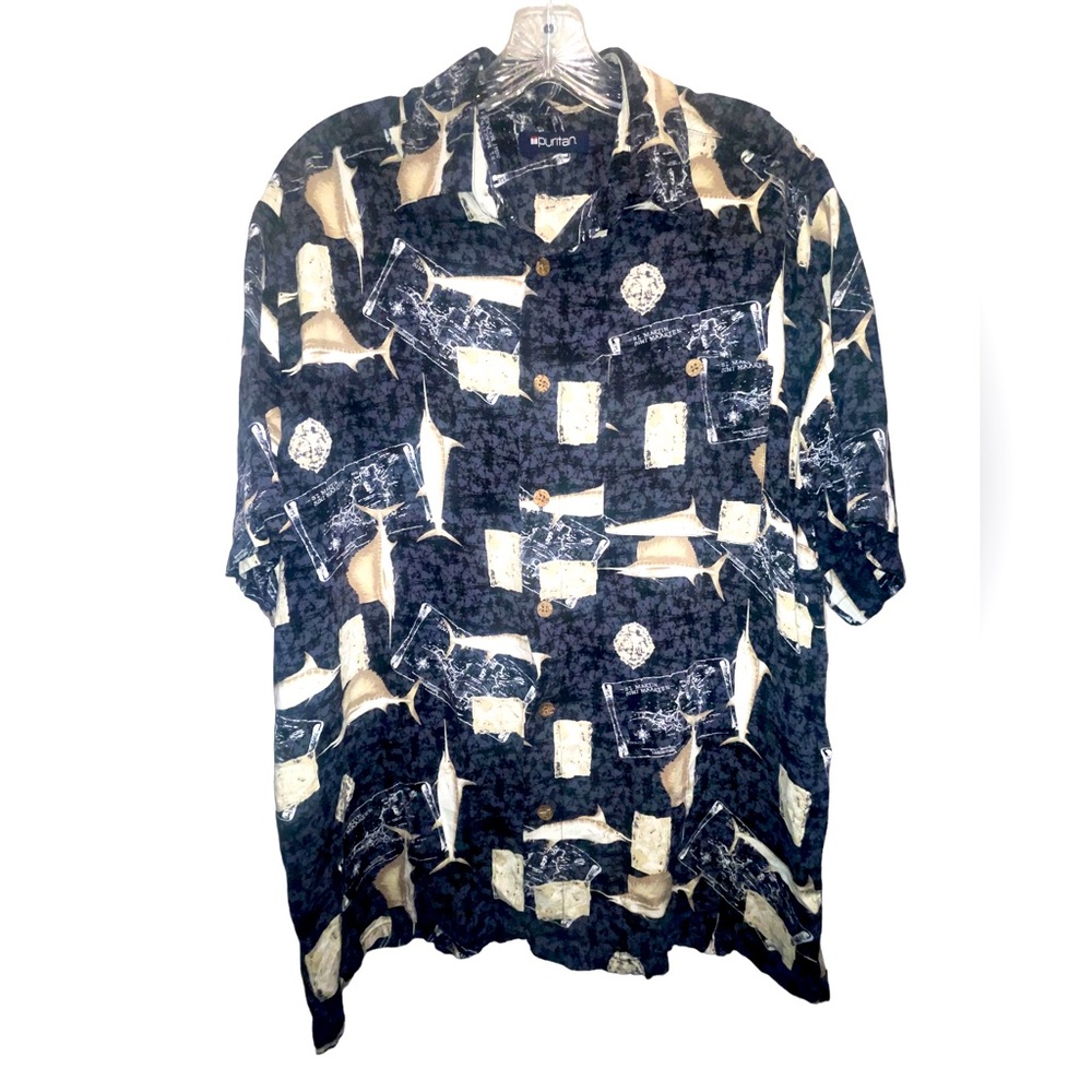 Men’s Puritan Casual Button Down Shirt Travel Swordfish Pattern Size XL